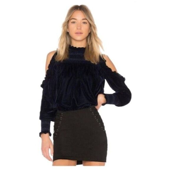 Joie Aneisha Velvet Cold-Shoulder Smocked Top in Midnight Sky Size XS - Picture 2 of 9